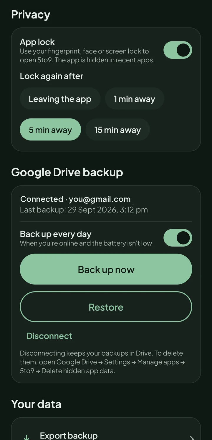 The You screen: app lock, Google Drive backup and your data controls